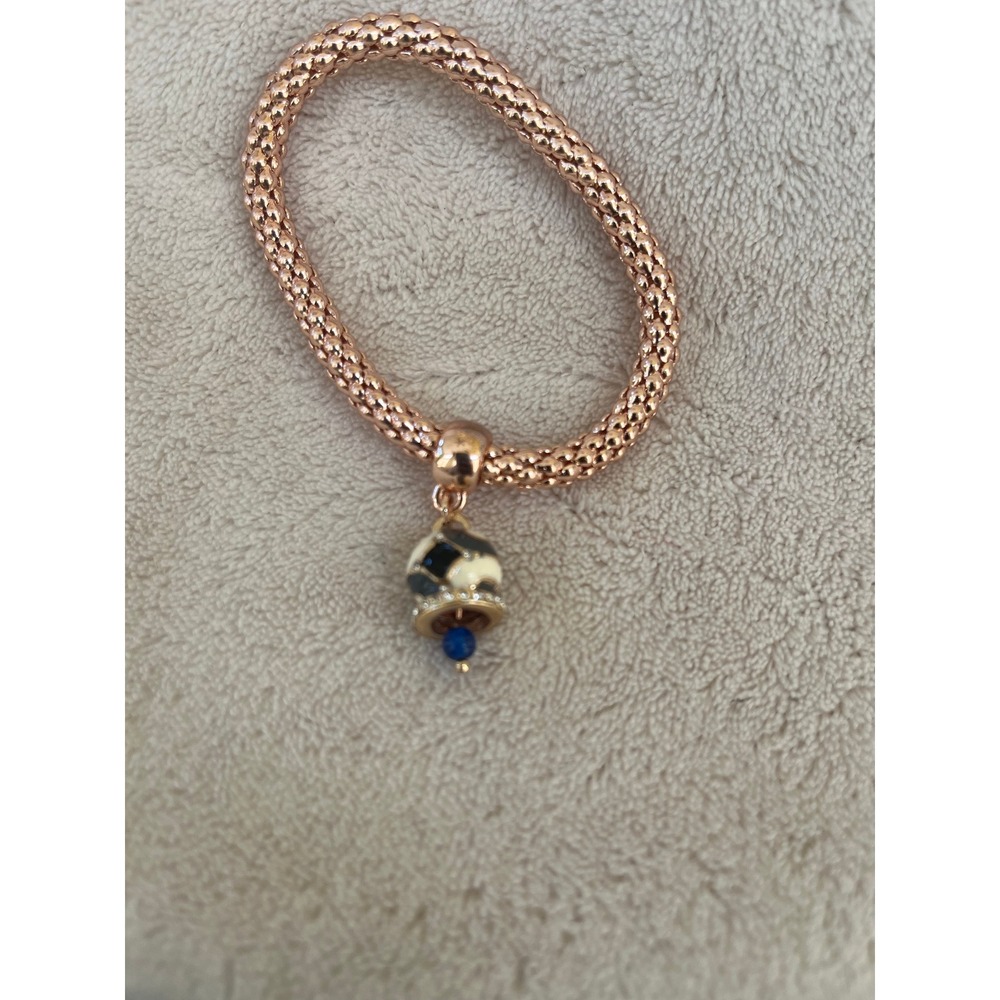 Rose Gold Tone Popcorn Mesh Stretch Bracelet with Enamel‎ Bell Charm Blue Bead